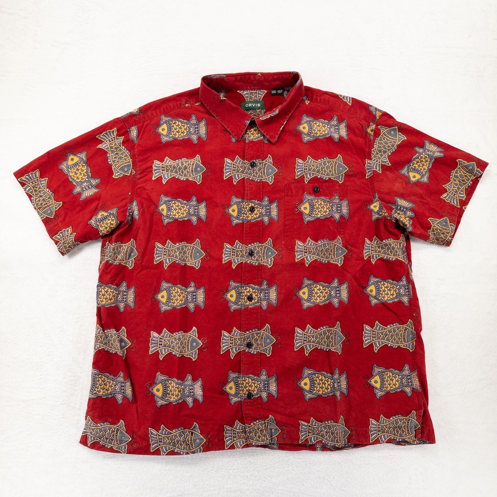 Orvis Mens Button Down Shirt XXL Red Fish Print Short Sleeve Cotton Beach Summer
